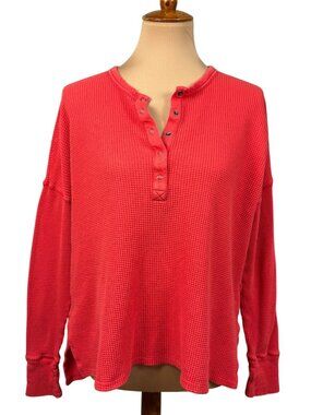 Offline by Aerie Red Waffle Knit Henley Long Sleeve Top Womens M Oversized Relax